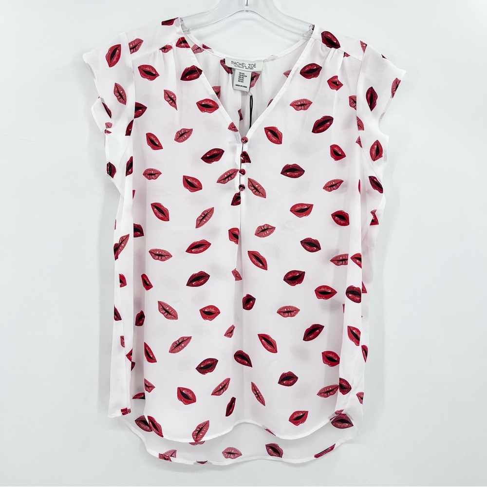 NWT Rachel Zoe White/Red Kissing Lips Flutter Sleeve Blouse Top Size XS